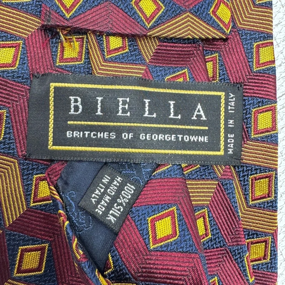 Biella Britches of Georgetowne Tie Mens OS Burgundy Gold Geometric Silk‎ Vintage